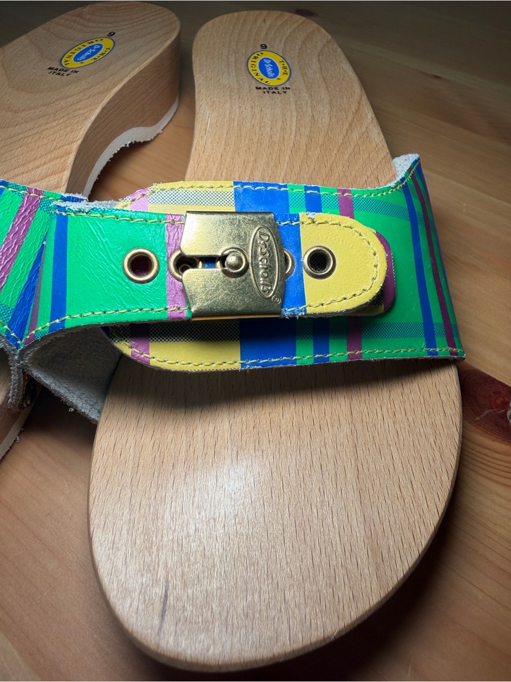 NEW Vintage Dr. Scholl’s Original Wooden Sandals Plaid Multi Color 9 - Picture 3 of 8